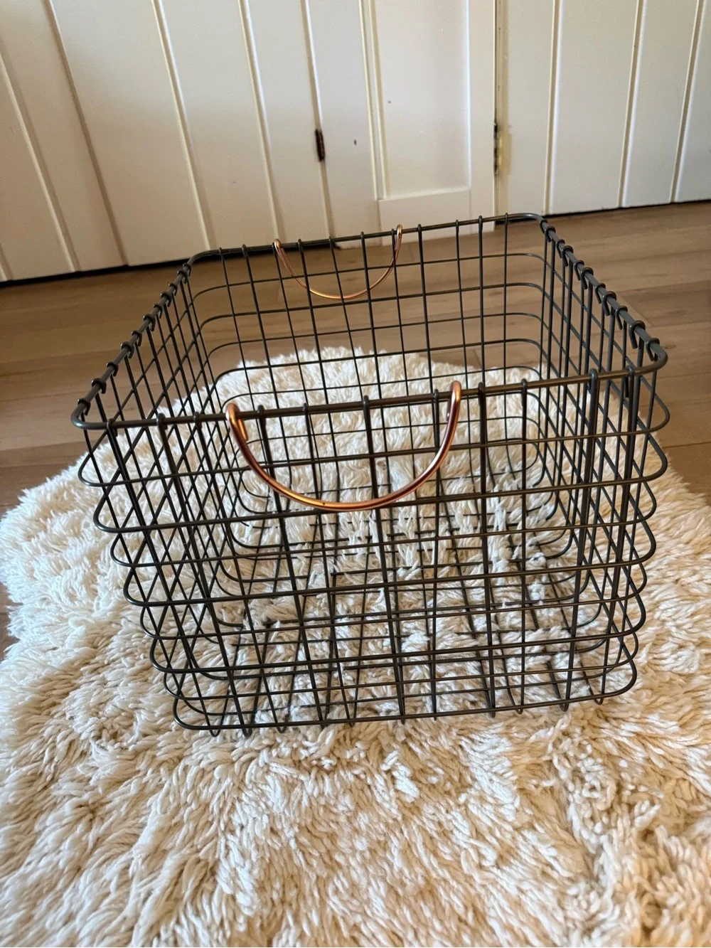 Wire Metal Rectangular Storage Basket with Copper Handles Black Large